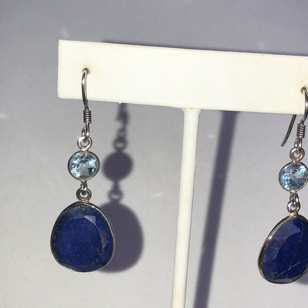 Faceted Lapis & Blue Topaz Gemstones in Sterling Silver Earrings - Picture 2 of 7
